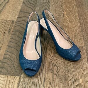 NWOT Denim with Silver Glitter Slingbacks